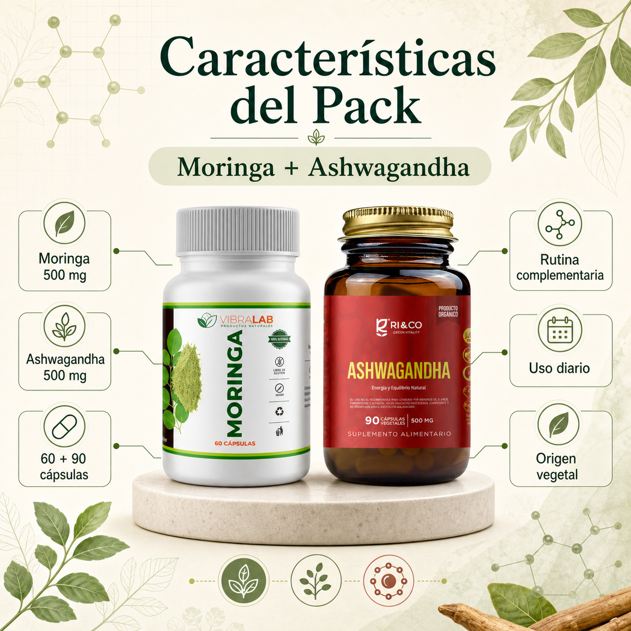 Características del Pack Equilibrio y Vitalidad: Moringa 500 mg y Ashwagandha 500 mg