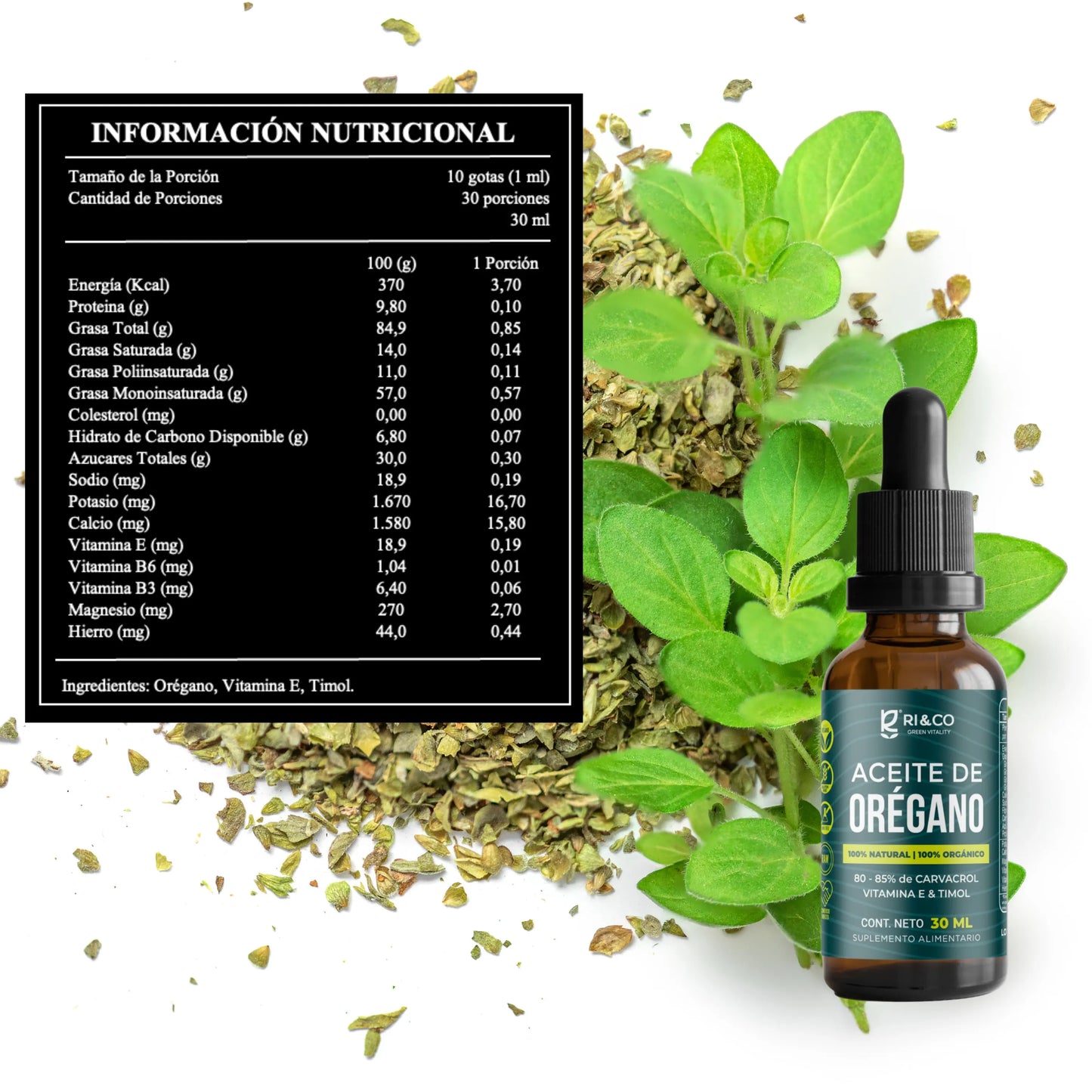 Frasco de vidrio ámbar de suplemento “Aceite de Orégano” RI&CO con gotero, 30 ml. Incluye tabla nutricional detallada con vitaminas, minerales y antioxidantes como carvacrol y timol. Fondo decorado con hojas frescas de orégano y orégano seco, resaltando su origen natural y propiedades saludables.