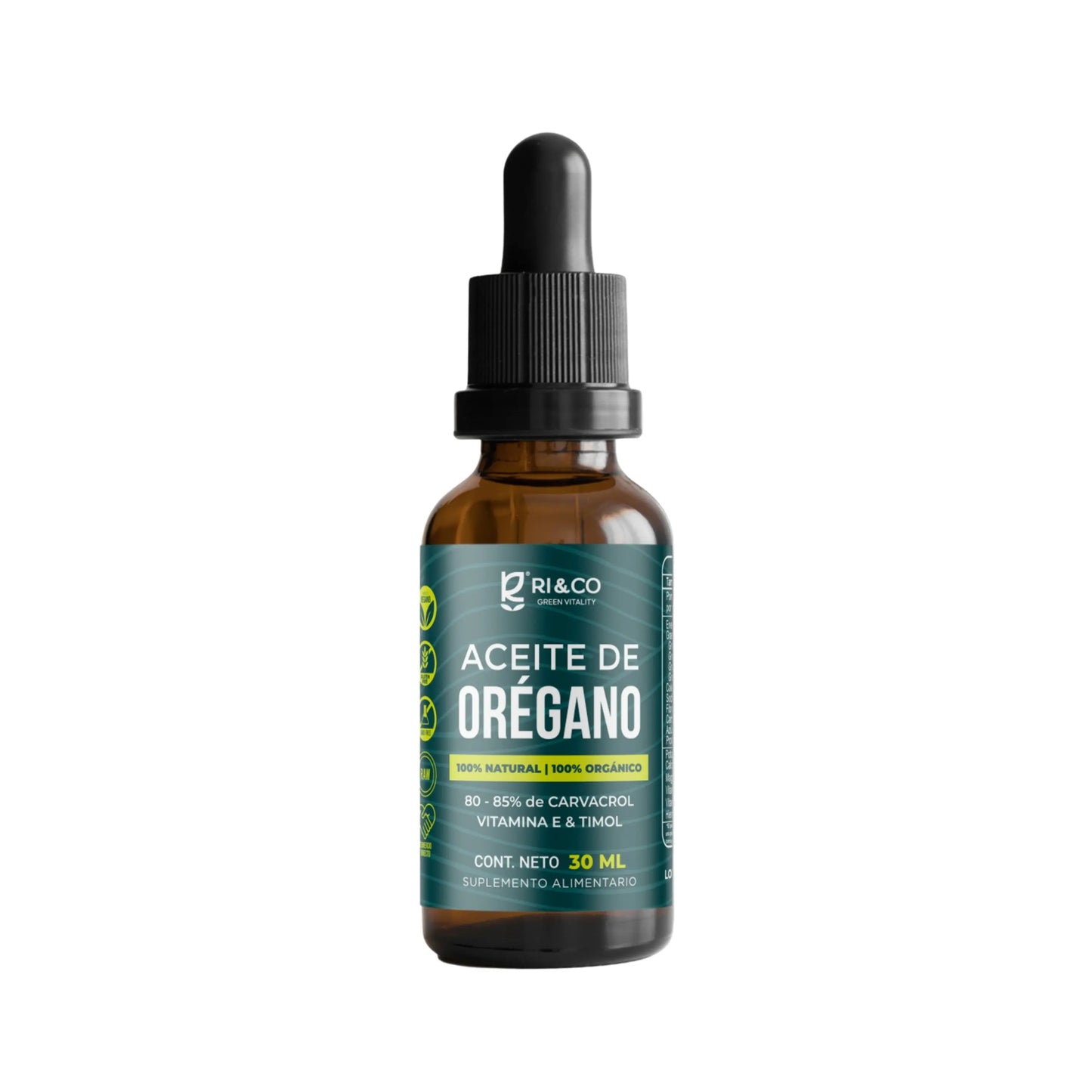 Frasco de vidrio ámbar con gotero negro del suplemento “Aceite de Orégano” de Ri&Co Green Vitality. Etiqueta verde resalta su origen 100% natural y orgánico, con 80–85% de carvacrol, además de vitamina E y timol. Contenido neto de 30 ml. Producto destinado a fortalecer el bienestar general.
