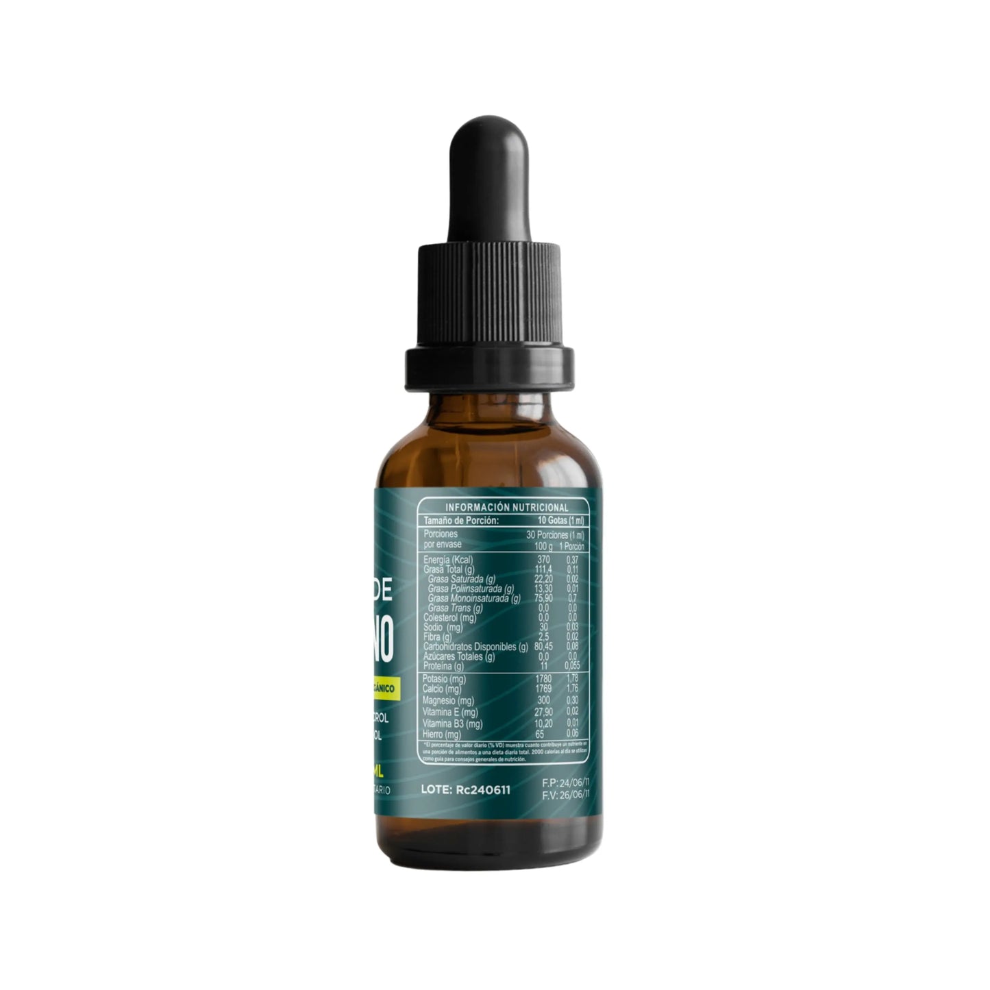 Botella de vidrio ámbar de “Aceite de Orégano” Ri&Co Green Vitality vista de perfil, mostrando su tabla de información nutricional en la etiqueta. Producto natural con alto contenido de carvacrol, vitaminas E y B3. Frasco con gotero negro, ideal para consumo controlado.