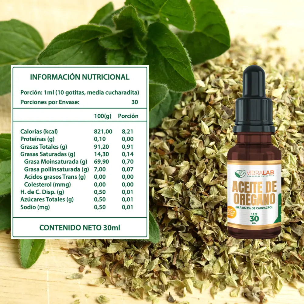 Imagen con fondo de hojas secas y frescas de orégano. A la izquierda, tabla nutricional del Aceite de Orégano VibraLab (30 ml), detallando su alto contenido en grasas saludables. A la derecha, frasco ámbar con gotero y etiqueta visible. Diseño enfocado en destacar sus componentes y valor nutricional natural.