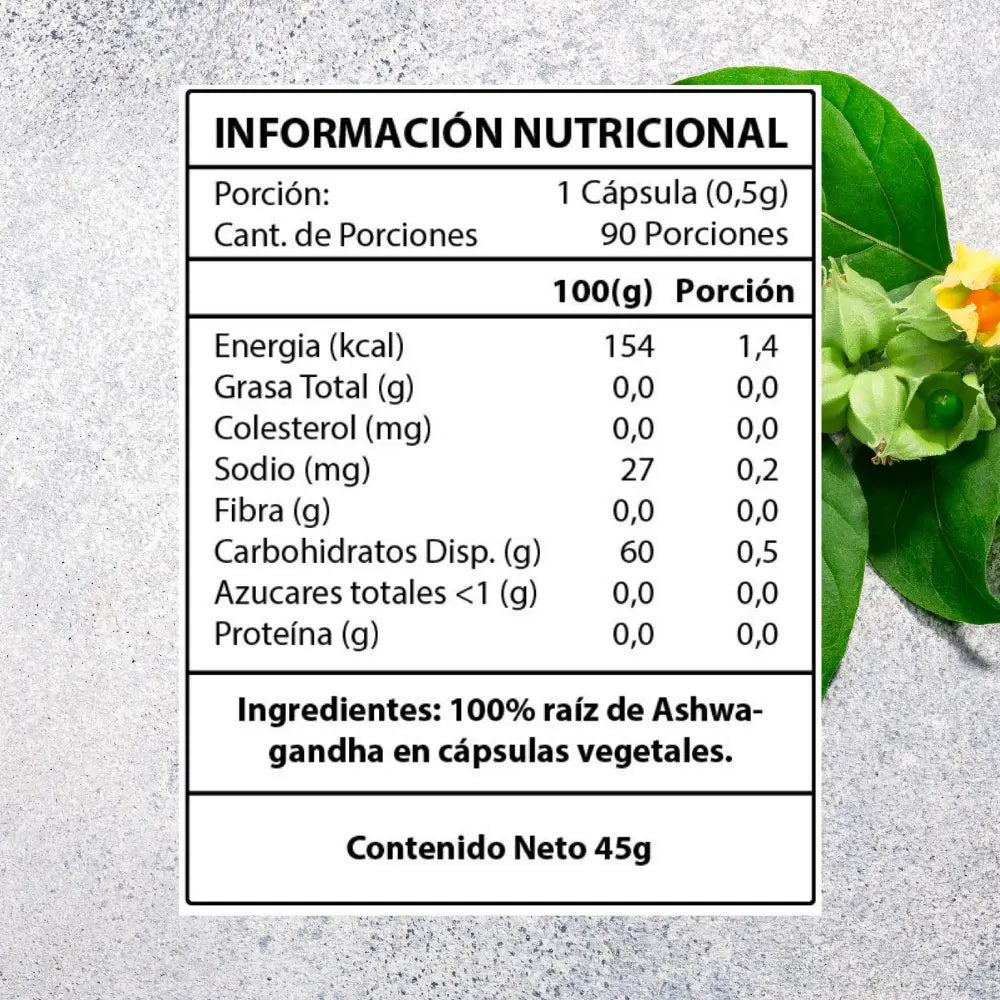 Tabla nutricional del suplemento Ashwa en cápsulas vegetales. Cada cápsula de 0,5 g aporta 1,4 kcal y contiene 100 % raíz de Ashwagandha. No aporta grasas, colesterol ni proteínas. El fondo incluye una hoja verde con flor amarilla, resaltando el origen natural del producto.