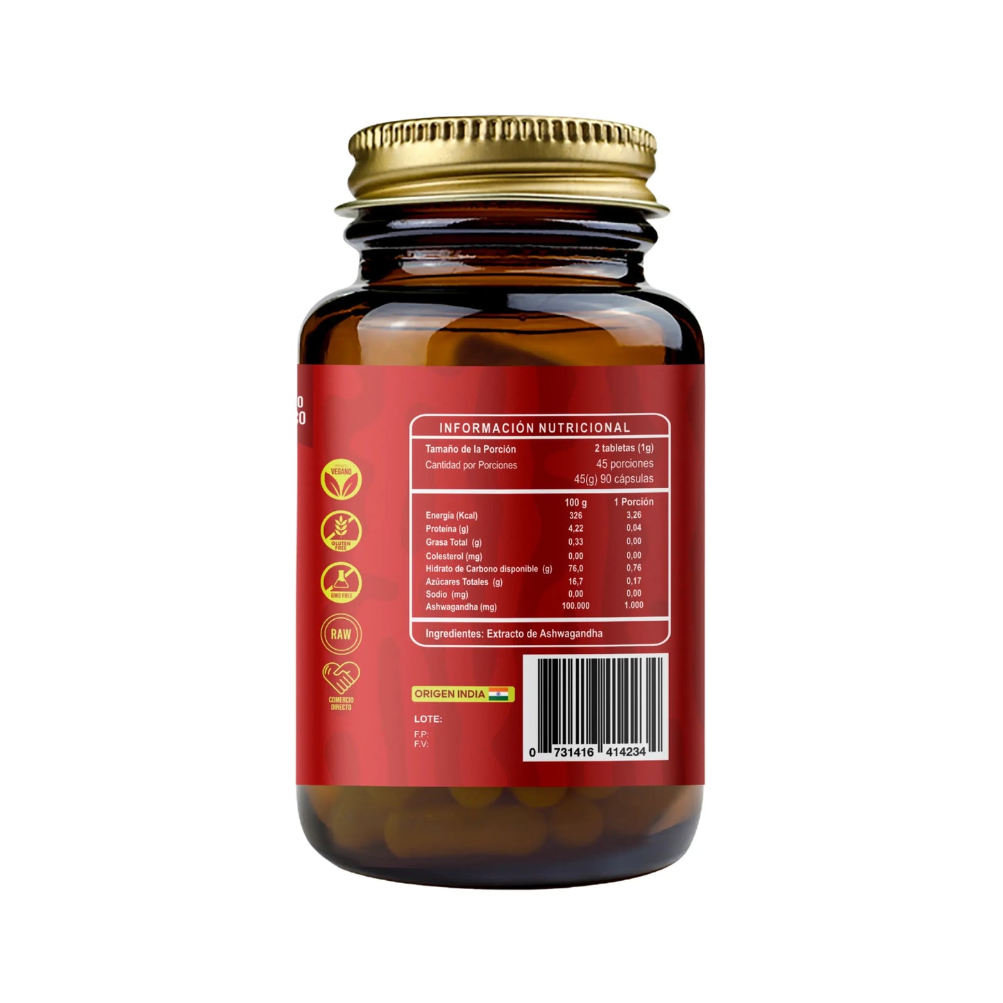 Ashwagandha 500mg RI&CO frasco reverso tabla nutricional e ingredientes adaptógeno
