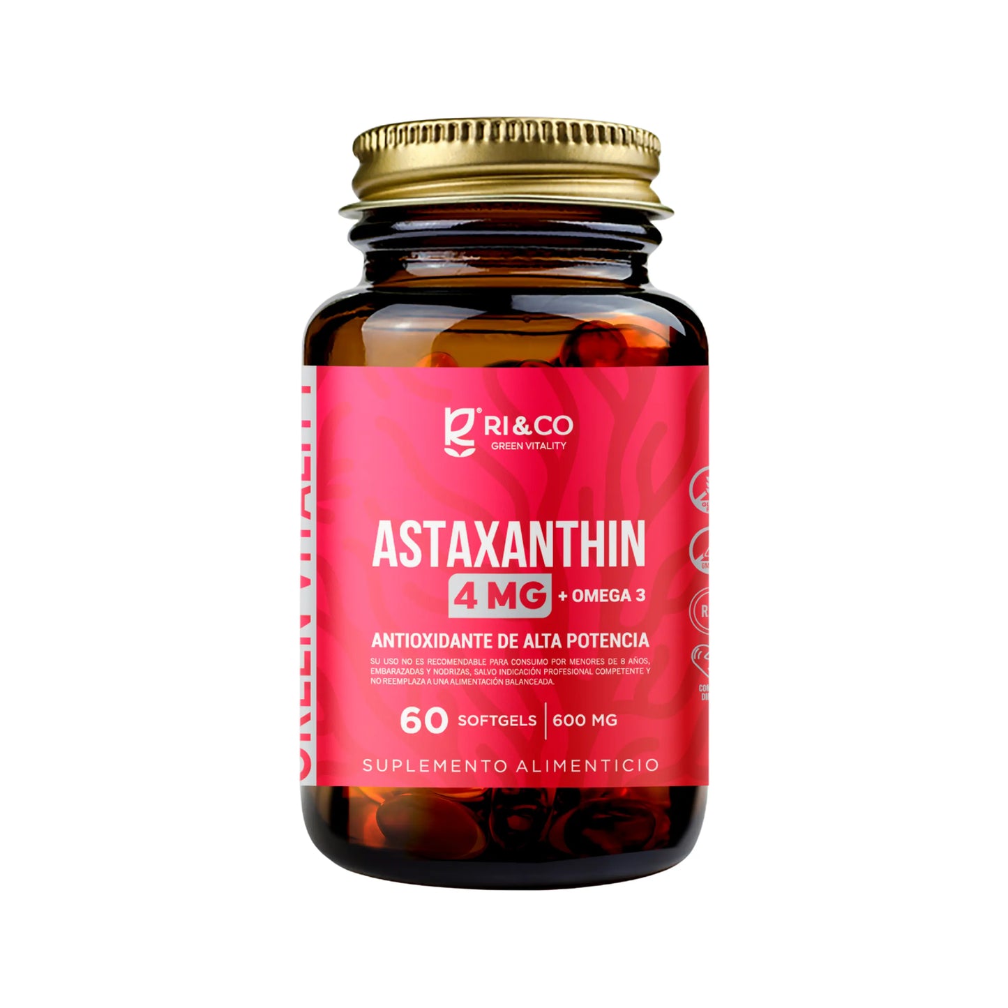 Frasco de suplemento alimenticio Ri&Co Astaxanthin de 4 mg con Omega 3. Contiene 60 softgels de 600 mg, antioxidante de alta potencia presentado en envase de vidrio ámbar con etiqueta roja y tapa dorada.