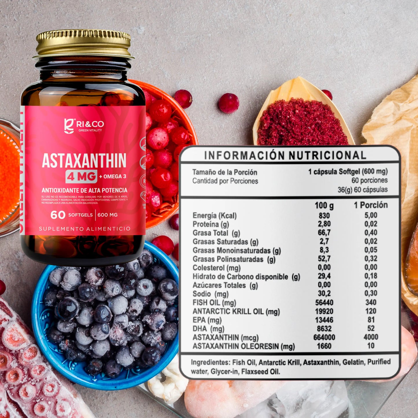 Frasco de suplemento Ri&Co Astaxanthin 4 mg + Omega 3 con 60 softgels de 600 mg, acompañado de tabla de información nutricional que detalla contenido de energía, proteínas, grasas, EPA, DHA y astaxantina. Fondo con frutas y semillas asociadas a antioxidantes naturales.