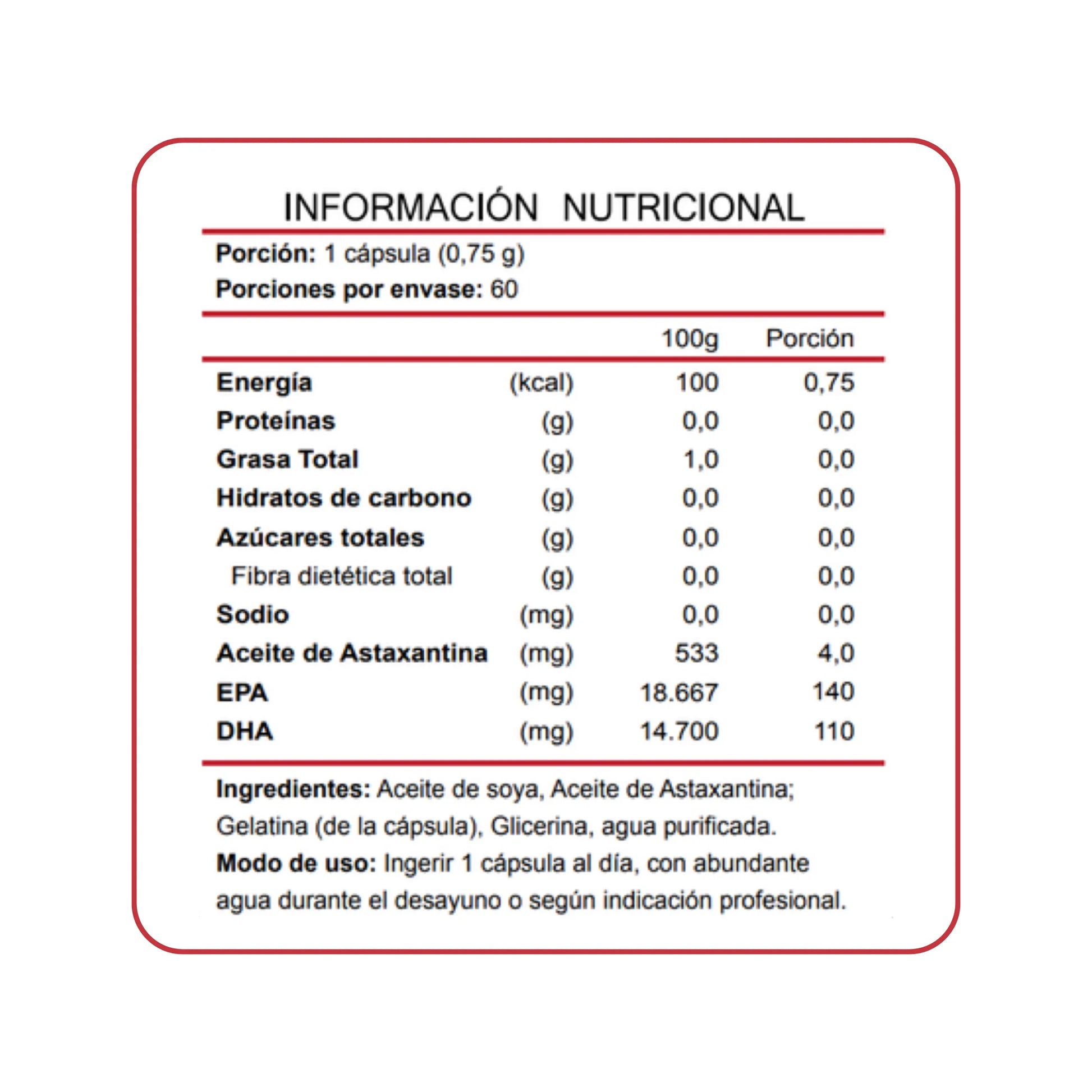 Tabla de información nutricional del suplemento, destacando su contenido de aceite de astaxantina (4 mg por cápsula), EPA (140 mg) y DHA (110 mg). Modo de uso recomendado: 1 cápsula diaria con abundante agua durante el desayuno.