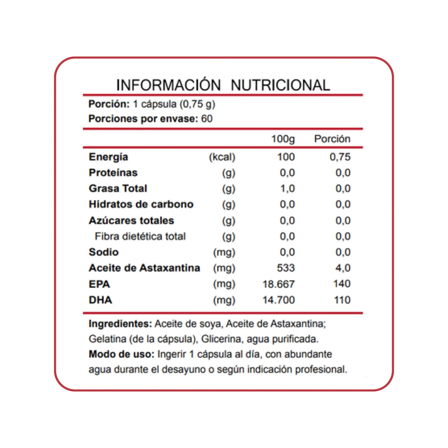 Astaxantina Plus reverso tabla nutricional, 60 cápsulas EPA DHA y aceite astaxantina