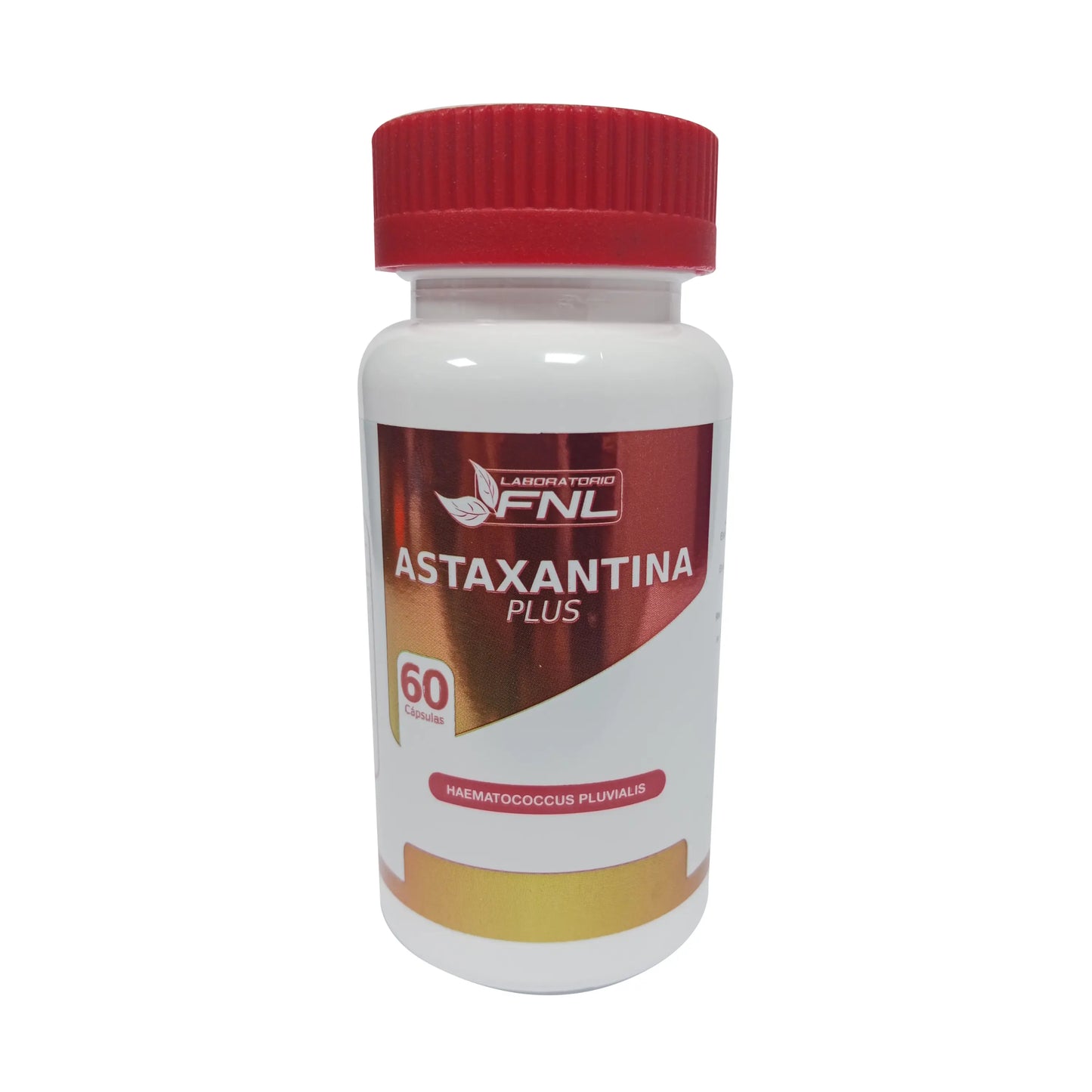 Suplemento “Astaxantina Plus” de Laboratorio FNL. Contiene 60 cápsulas con astaxantina proveniente de Haematococcus pluvialis.