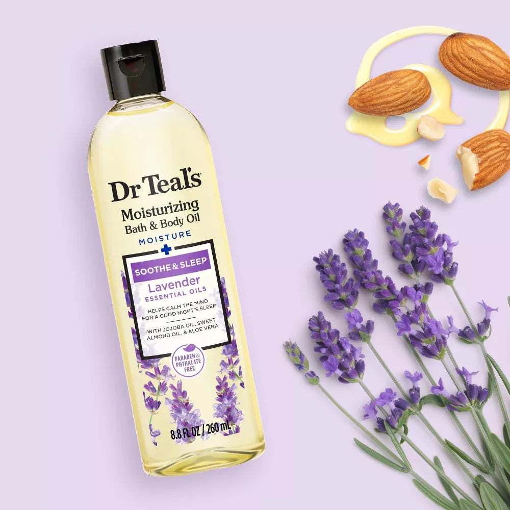 Aceite corporal y de baño de lavanda del Dr. Teal para una hidratación calmante y relajante, con flores de lavanda y aceite de almendras.