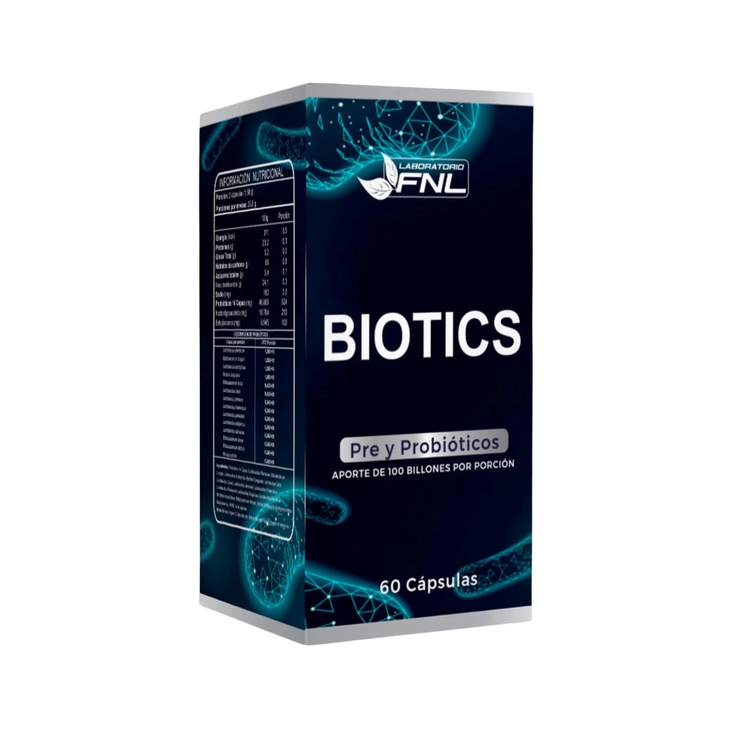 Caja de Biotics de Laboratorio FNL, suplemento con pre y probióticos que aporta 100 billones por porción. Contiene 60 cápsulas y está diseñado para el equilibrio de la microbiota intestinal. Diseño en tonos oscuros con gráficos de estructura molecular.