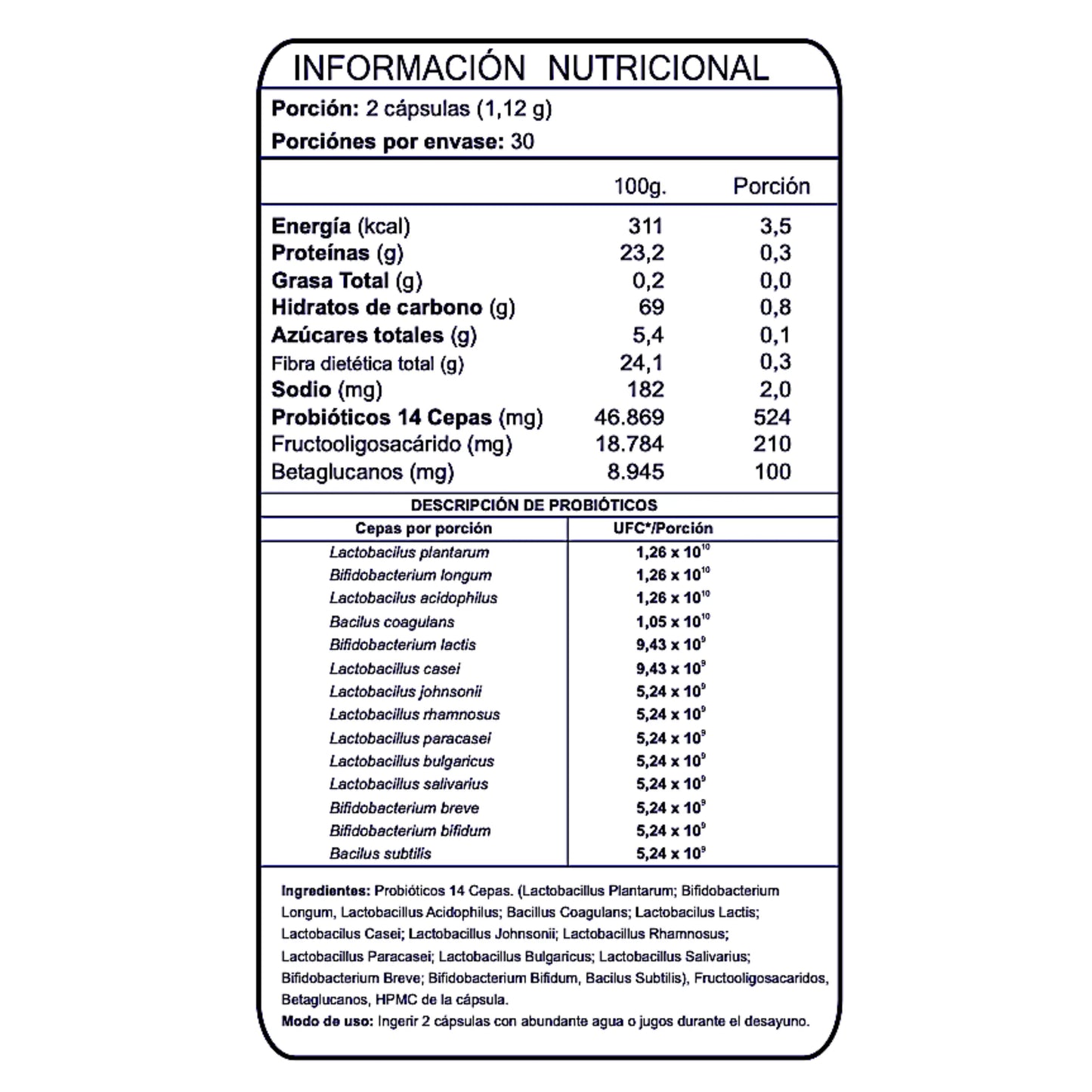 Tabla de información nutricional del suplemento Biotics de Laboratorio FNL. Contiene detalles sobre porciones, calorías, macronutrientes y cantidad de probióticos de 14 cepas por porción. Incluye lista de cepas probióticas, ingredientes como fructooligosacáridos y betaglucanos, y modo de uso recomendado.