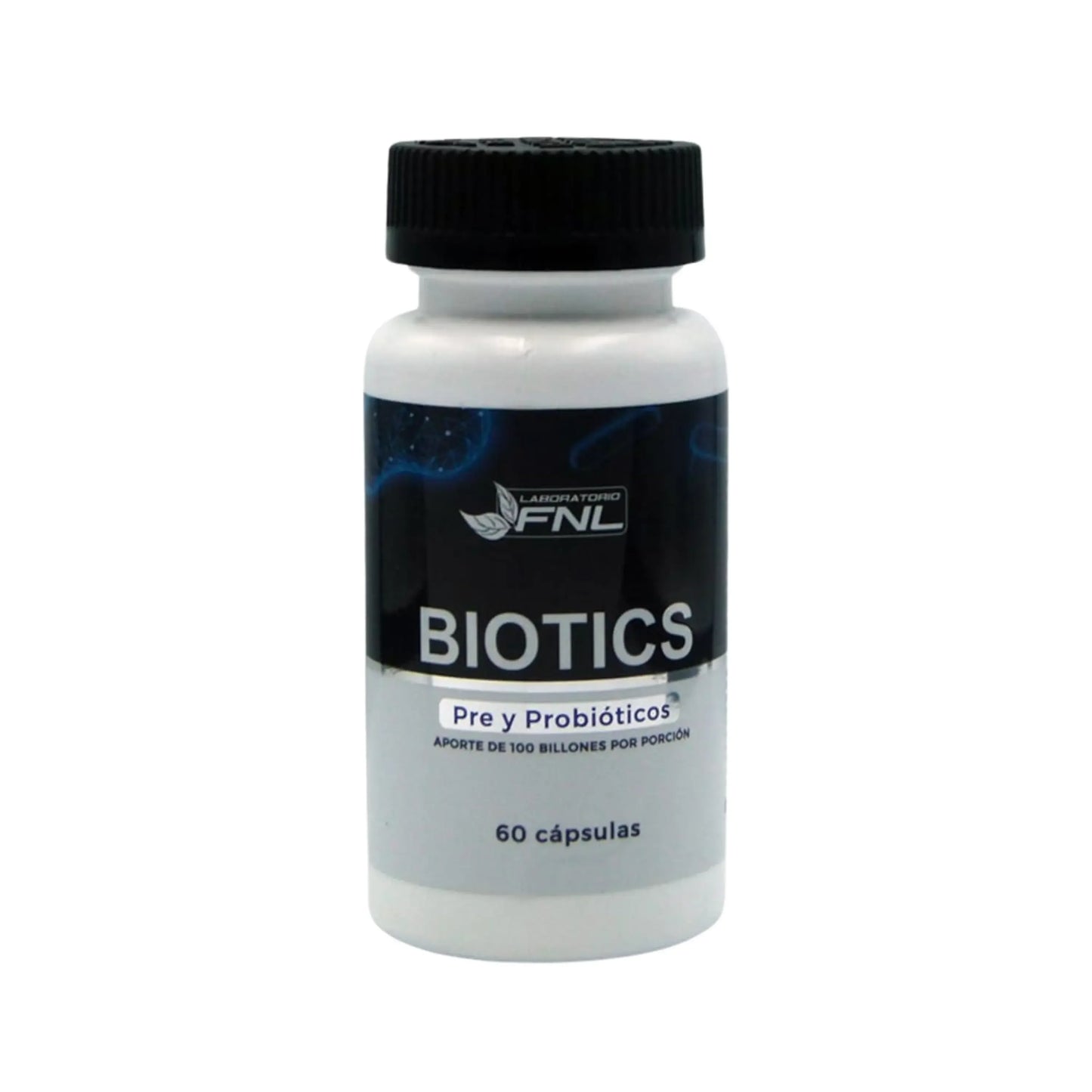 Biotics Pre y Probióticos frasco frontal, 60 cápsulas con 100 millones por porción
