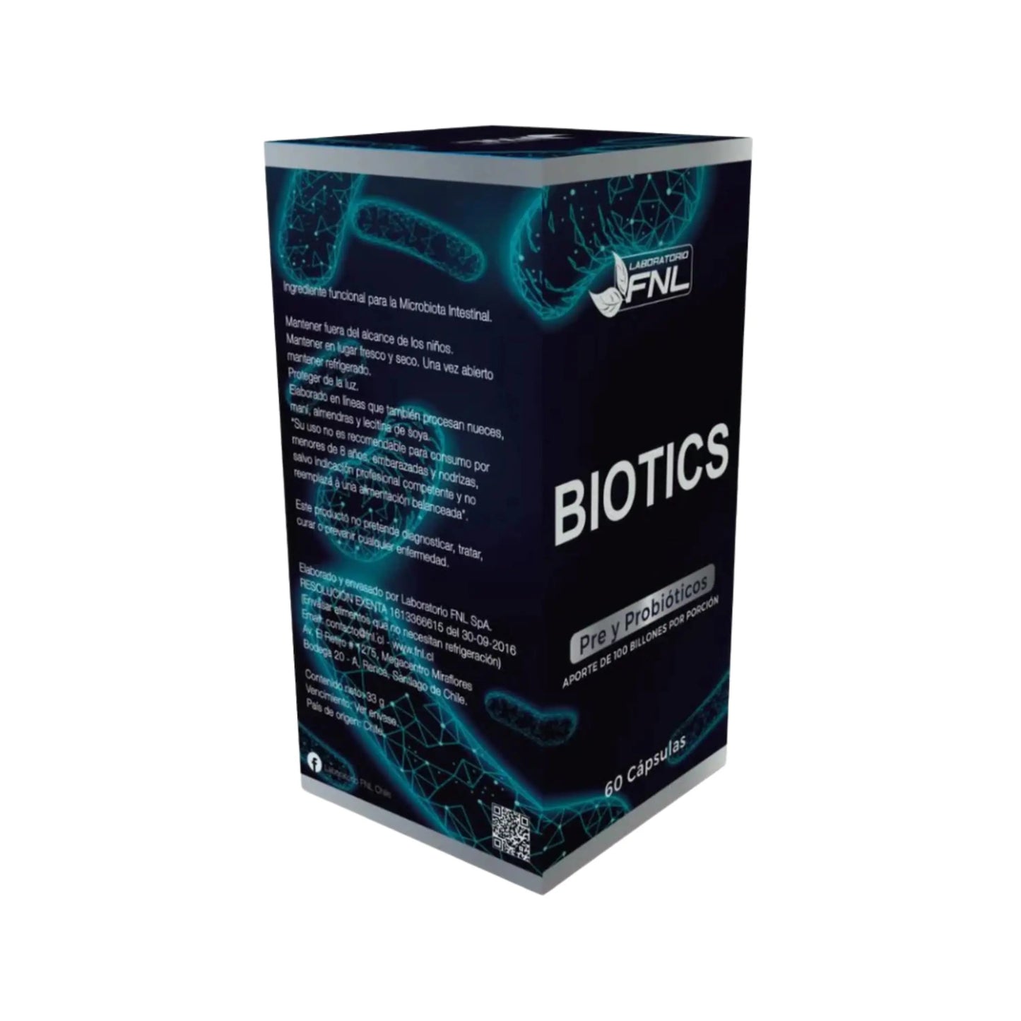 Caja de Biotics de Laboratorio FNL con 60 cápsulas de pre y probióticos. Contiene información sobre su uso, ingredientes y advertencias. Fórmula con 14 cepas y 100 billones de UFC por porción para el equilibrio de la microbiota intestinal y salud digestiva.