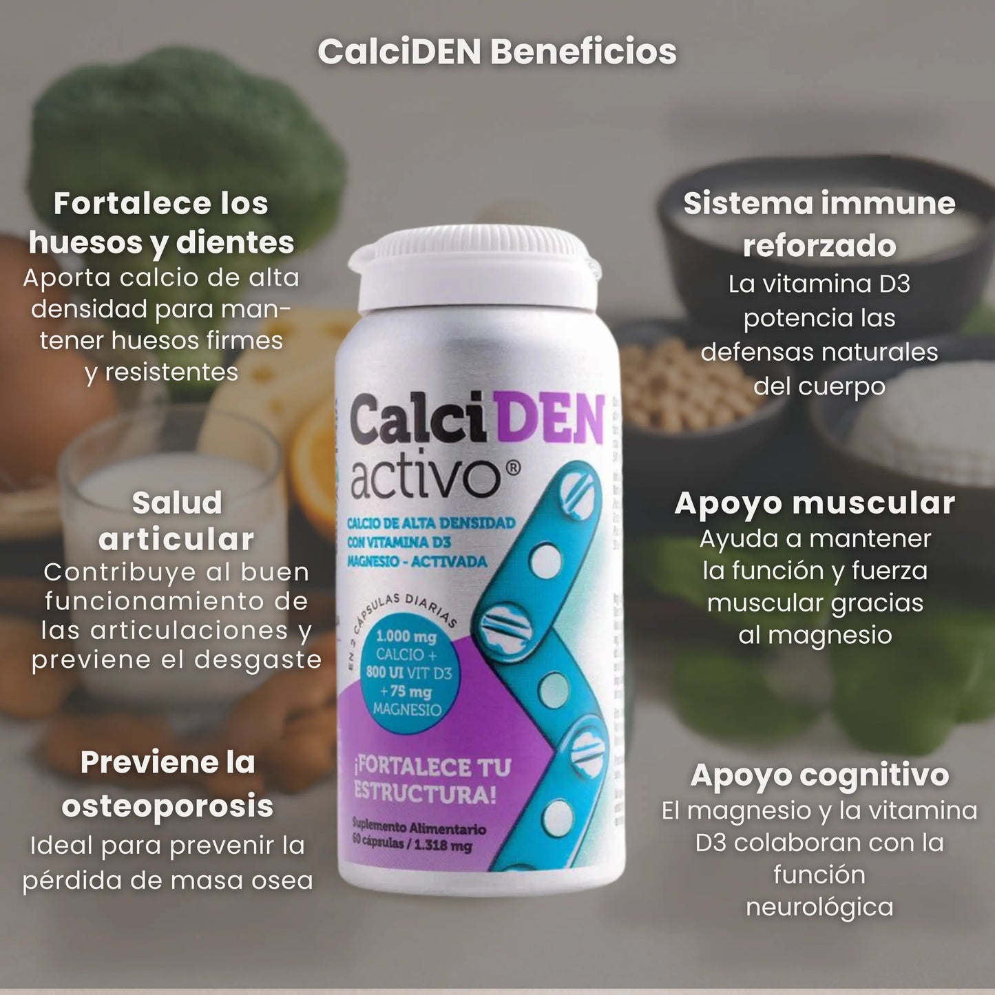 Imagen del suplemento alimentario CalciDEN activo, que aporta calcio de alta densidad, vitamina D3 y magnesio. Beneficios destacados: fortalece huesos y dientes, previene la osteoporosis, apoya la salud articular, muscular y cognitiva, y refuerza el sistema inmune. Frasco blanco con diseño púrpura y celeste al frente de alimentos saludables.
