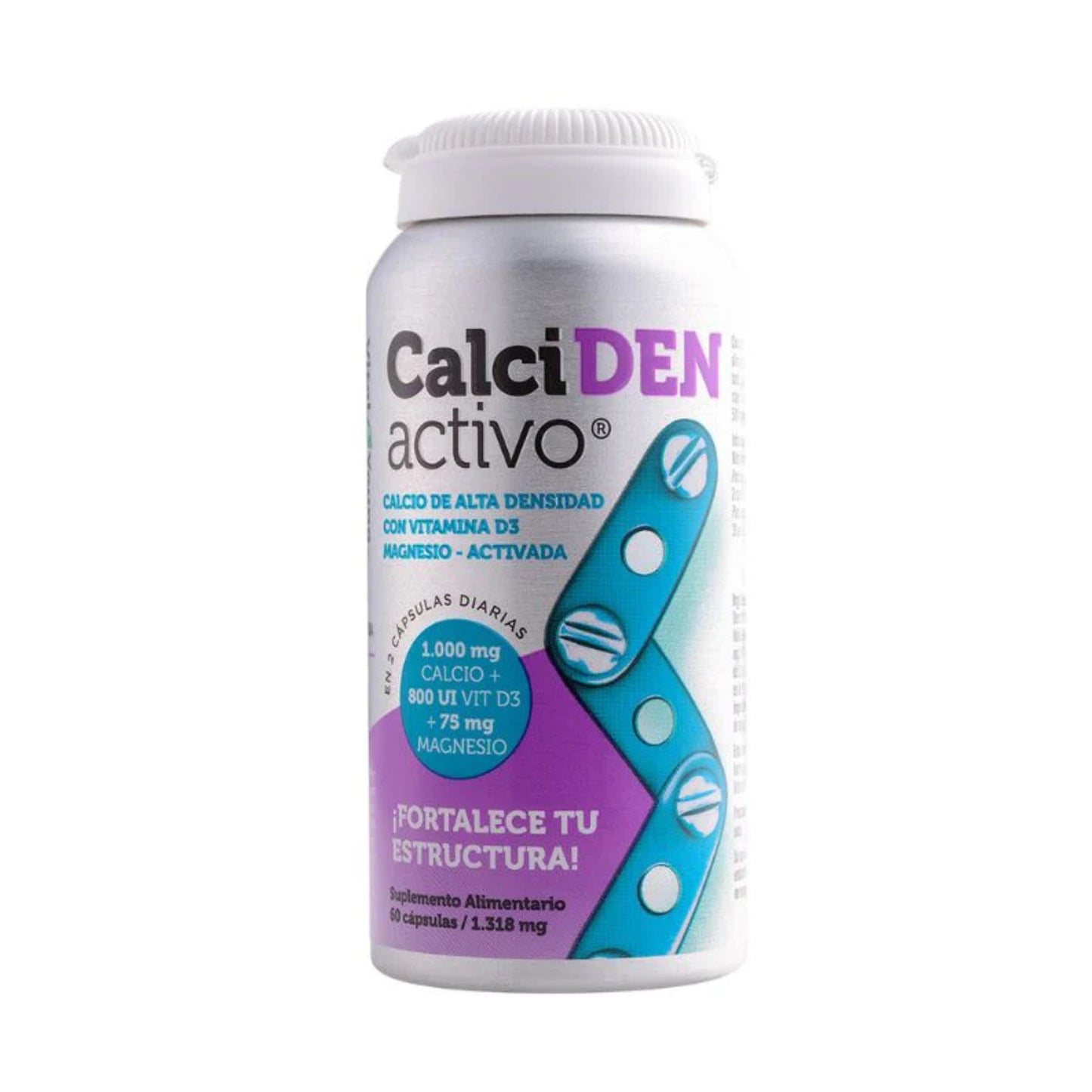 Frasco de suplemento CalciDEN Activo con calcio de alta densidad, vitamina D3 y magnesio para la salud ósea.