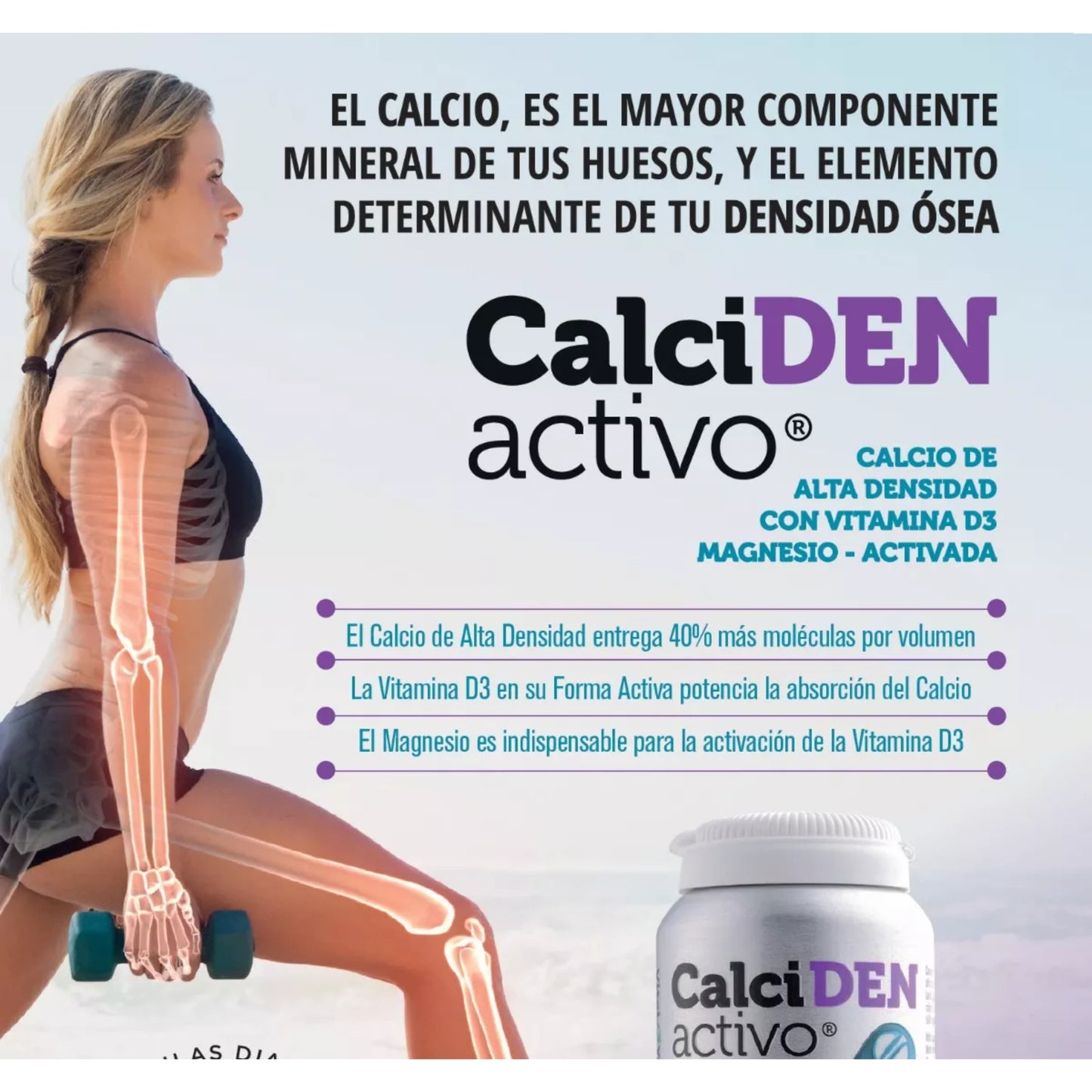 CalciDEN Activo: suplemento de calcio de alta densidad con vitamina D3 para huesos fuertes y sana densidad ósea.