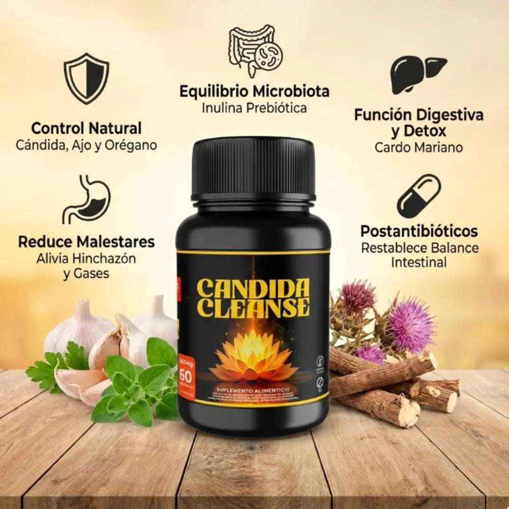Infografía Cándida Cleanse 600mg beneficios: control candida, equilibrio microbiota y función digestiva detox