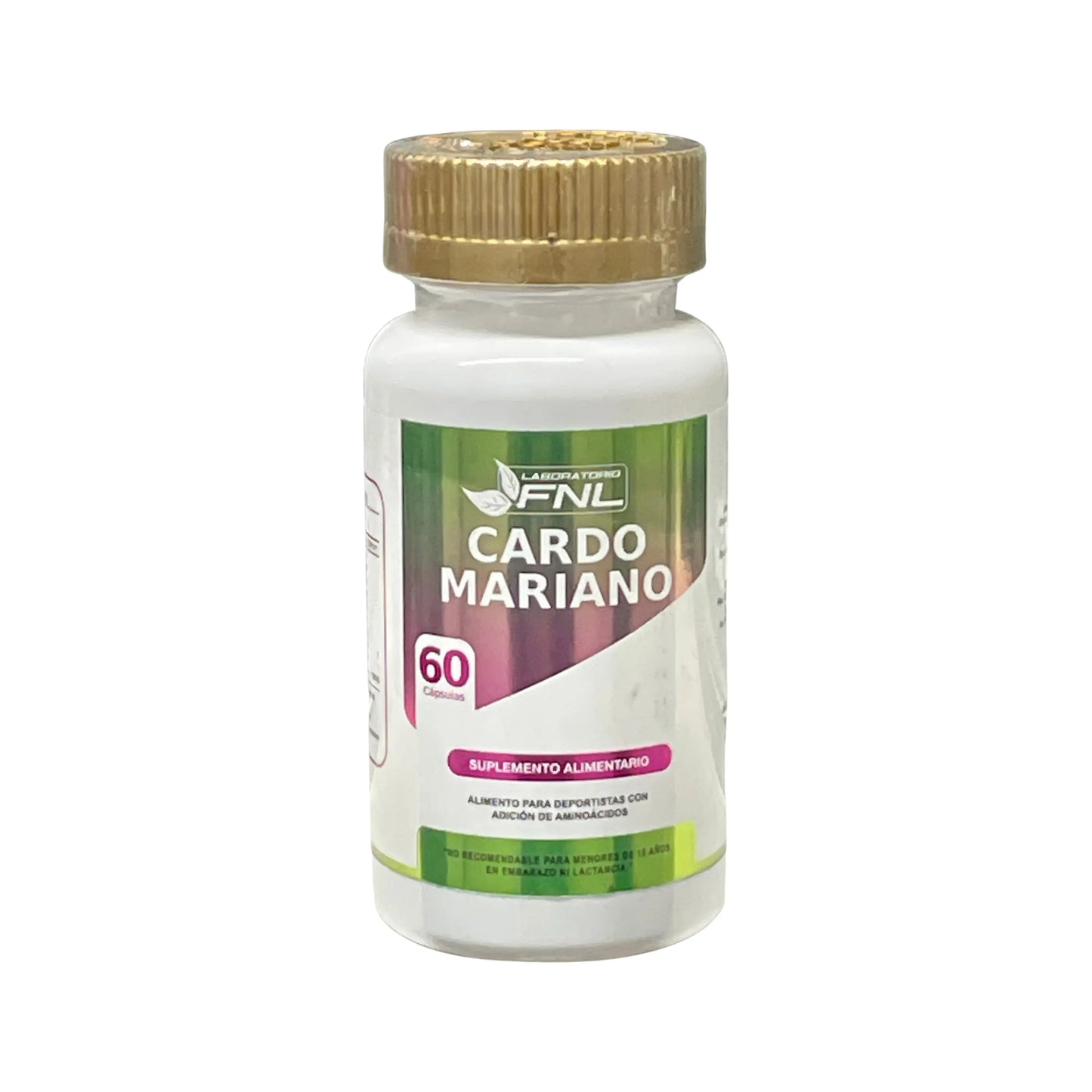 Frasco de suplemento alimentario Cardo Mariano de Laboratorio FNL, con 60 cápsulas. Etiqueta en tonos verde, blanco y fucsia. Indicado como alimento para deportistas con adición de aminoácidos. No recomendable para menores de 18 años, embarazo y lactancia.