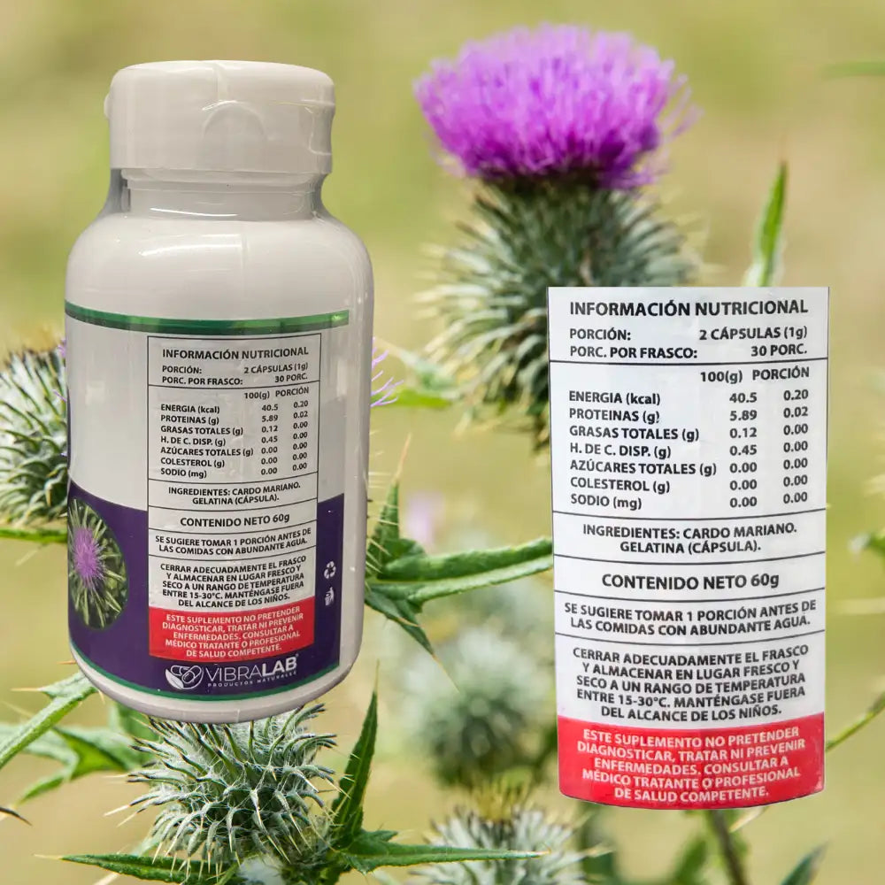 Frasco de suplemento alimenticio de Cardo Mariano de la marca Vibralab sobre fondo de flores de cardo. Incluye tabla nutricional detallada y modo de uso recomendado (2 cápsulas diarias antes de las comidas). Diseño con tapa blanca y etiqueta morada y verde. Indicado como apoyo al bienestar hepático.