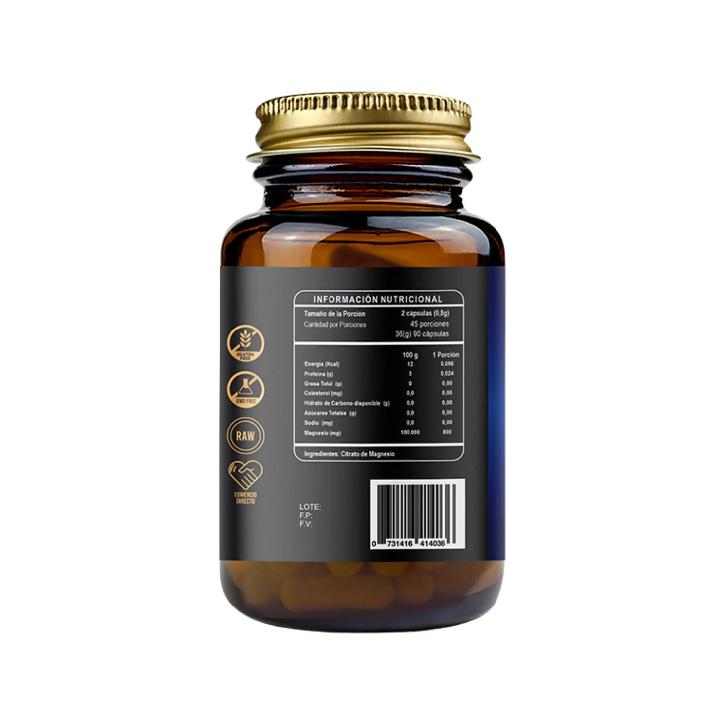 Citrato de Magnesio RI&CO 400mg reverso, tabla nutricional 90 cápsulas vegetales