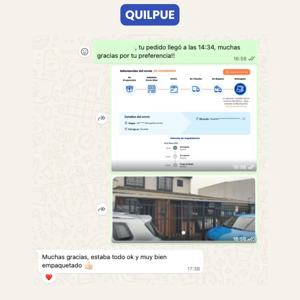 Entrega de Vivantia confirmada en Quilpué. Cliente agradece embalaje y estado del pedido. Imagen muestra fachada con reja negra y autos estacionados.