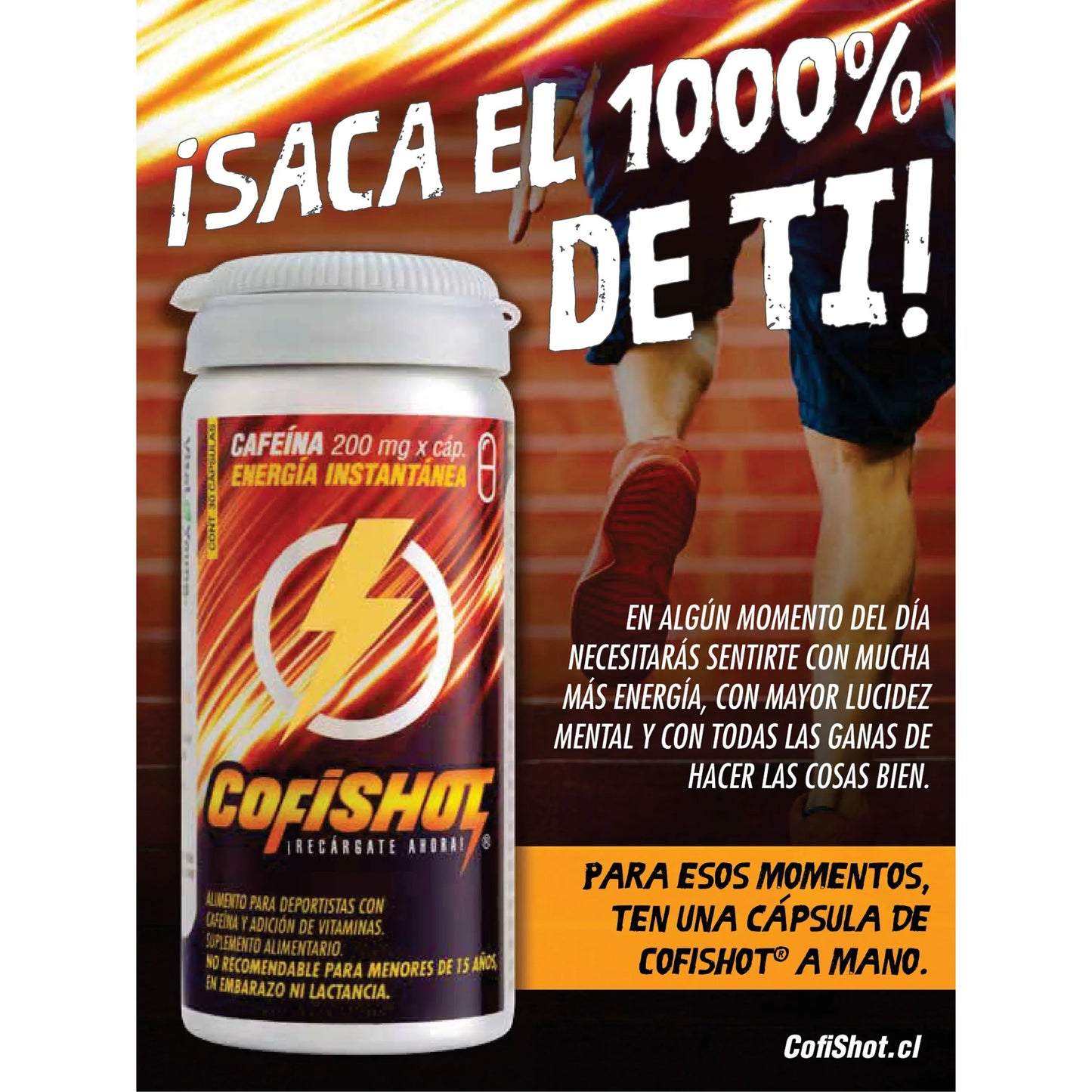 Publicidad de Cofishot, suplemento energético en cápsulas con 200 mg de cafeína. Destaca su efecto de energía instantánea y claridad mental, ideal para deportistas y personas activas. Presentación en frasco de 30 cápsulas, recomendado para aumentar el rendimiento físico y mental.