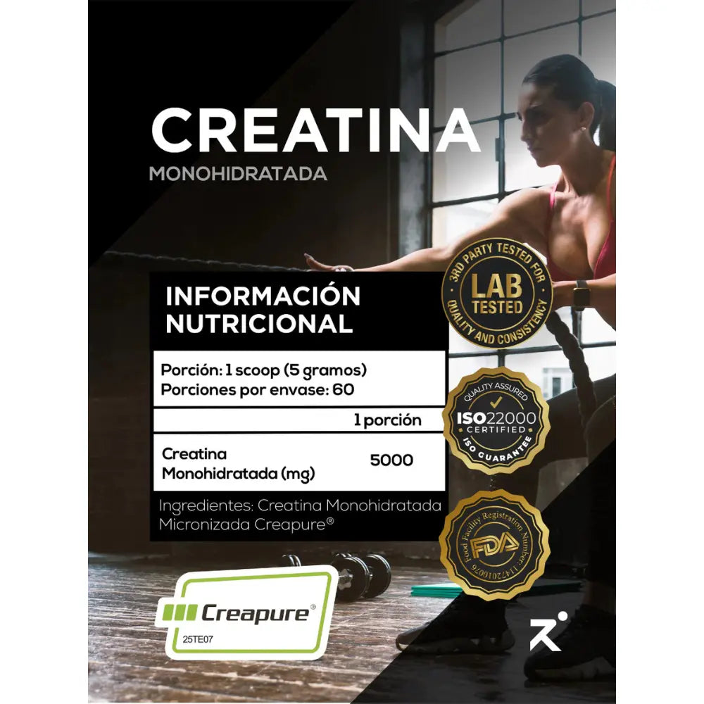 Etiqueta de creatina monohidratada Strive con Creapure® 25TE07, 5000 mg por porción, certificada por FDA, ISO 22000 y pruebas de laboratorio.