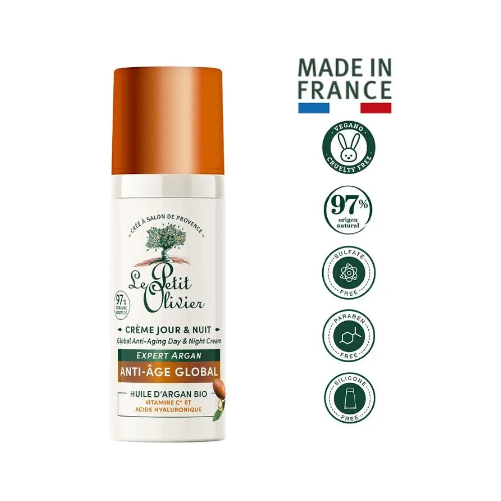 Crema Día y Noche Anti-Age Global Le Petit Olivier frasco frontal, argán y vitamina C