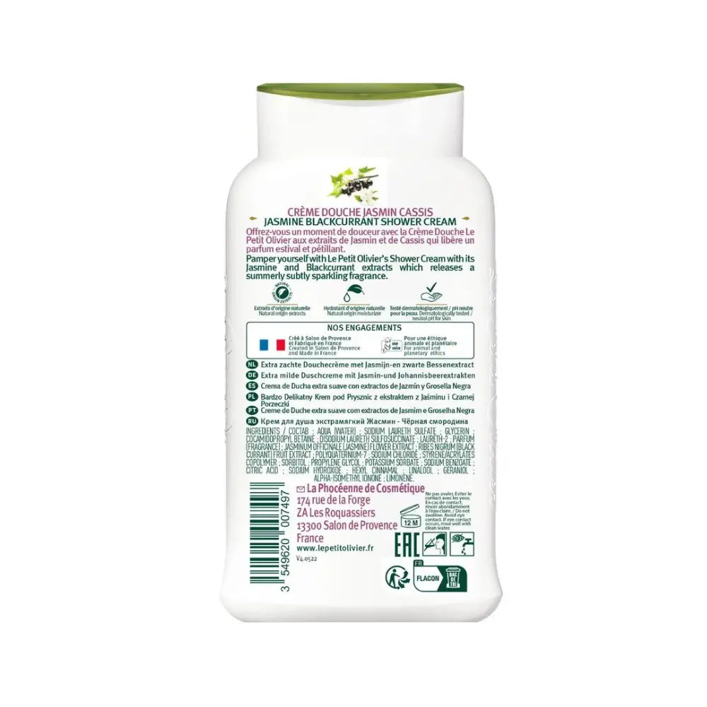 Crema Ducha Jazmín Casis Le Petit Olivier 250ml reverso ingredientes e instrucciones uso
