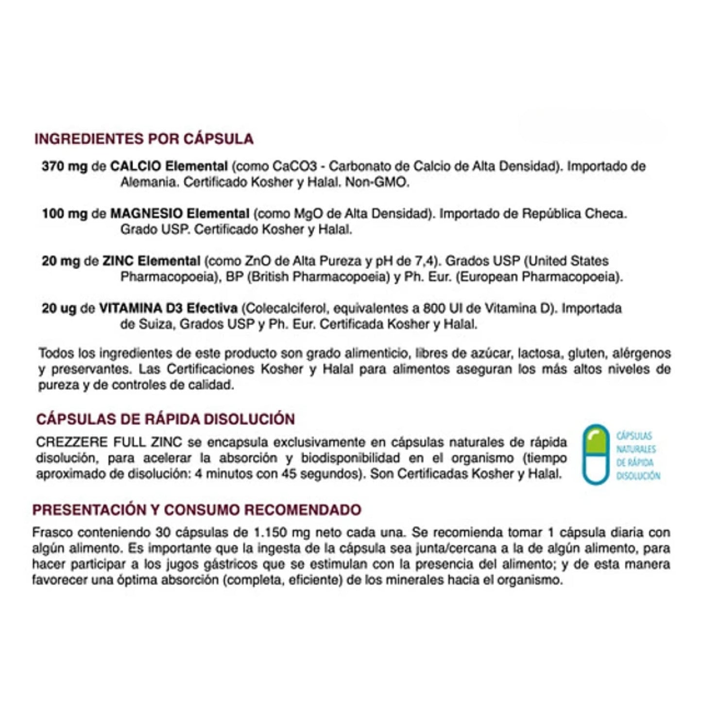 Tabla de ingredientes y especificaciones de Crezzere Full Zinc, detallando su composición de minerales y vitaminas, cápsulas de rápida disolución y certificaciones Kosher y Halal.