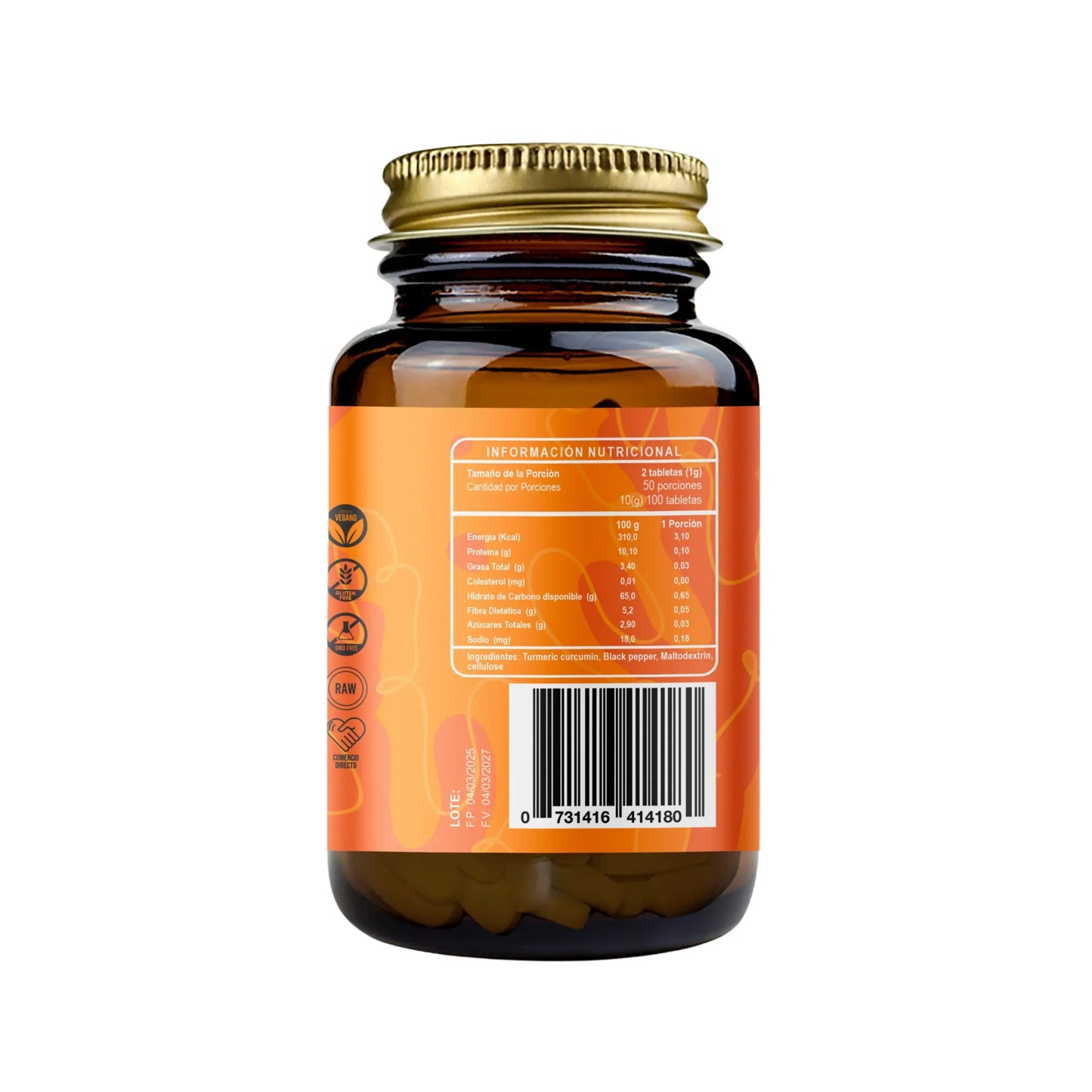 Cúrcuma y Pimienta Negra RI&CO reverso, tabla nutricional ingredientes y dosis