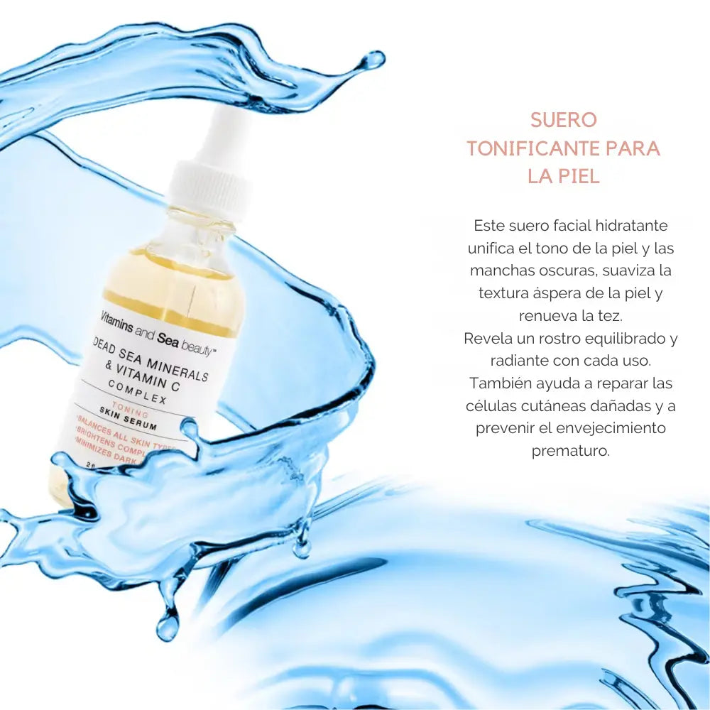 Infografía con suero tonificante para la piel de Vitamins and Sea Beauty flotando en un fondo de agua, destacando sus beneficios para hidratar, suavizar la piel y mejorar la tez.