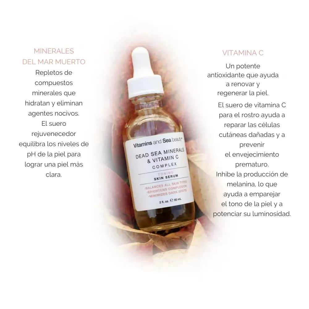 Frasco de suero Vitamins and Sea Beauty con minerales del Mar Muerto y vitamina C, acompañado de texto que resalta los beneficios antioxidantes y regeneradores del producto para la piel.