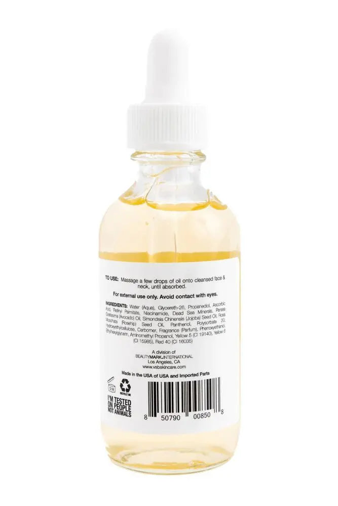 Vista trasera del frasco de suero Vitamins and Sea Beauty con minerales del Mar Muerto y vitamina C, mostrando la lista de ingredientes y modo de uso en inglés.