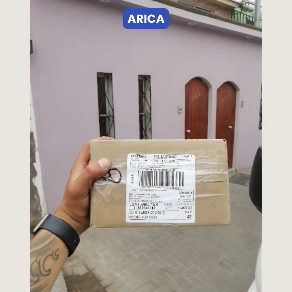 Entrega de paquete por parte de Vivantia en Arica. Persona tatuada sostiene caja con etiqueta frente a casa de fachada lila con puertas de madera.