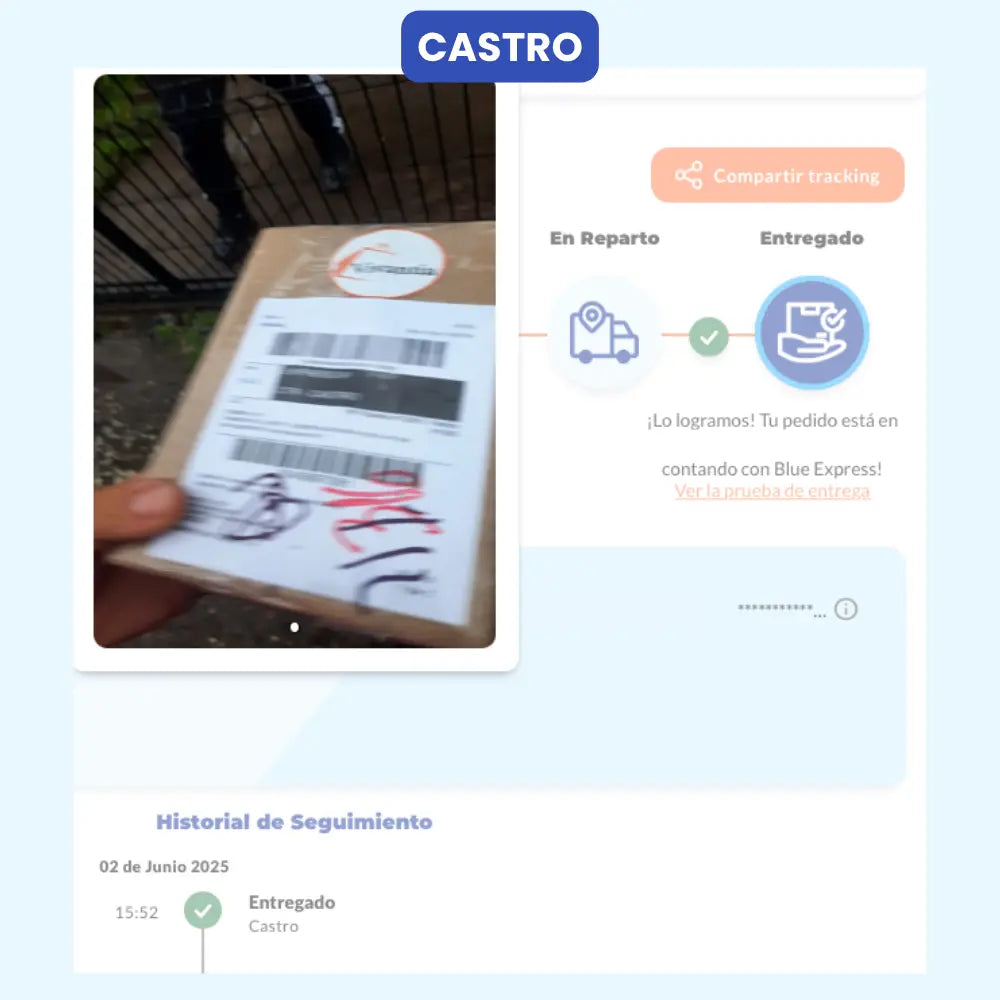 Entrega de paquete por parte de Vivantia en Castro. Persona sostiene una caja con etiqueta visible frente a un portón metálico negro.
