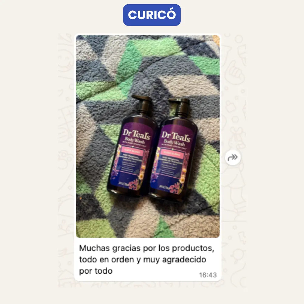 Entrega de paquete por parte de Vivantia en Curicó. Cliente muestra dos productos Dr Teal’s recibidos y agradece la compra.
