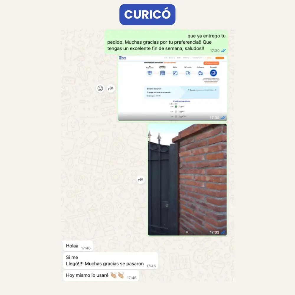 Entrega de paquete por parte de Vivantia en Curicó. Confirmación por WhatsApp con captura del seguimiento y foto del portón de destino.