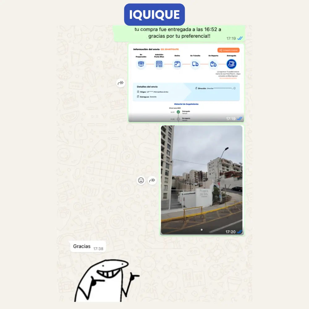 Entrega de paquete por parte de Vivantia en Iquique. Cliente recibe confirmación y responde agradeciendo por la compra recibida.
