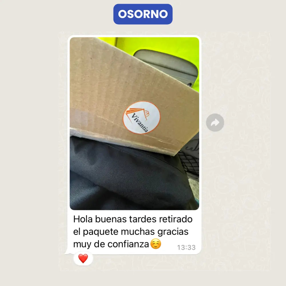 Entrega de paquete por parte de Vivantia en Osorno. Cliente confirma recepción y agradece el servicio con mensaje de confianza.