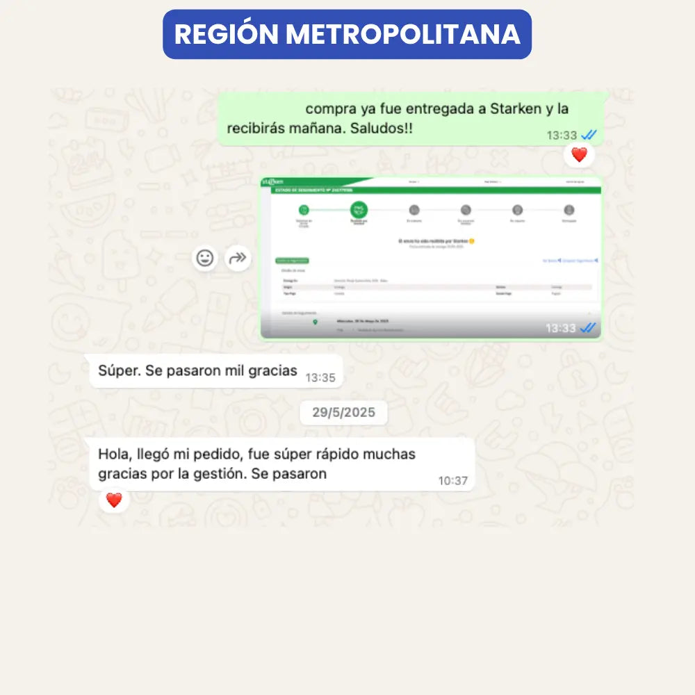 Entrega de paquete por parte de Vivantia en Región Metropolitana. Captura de pantalla con seguimiento de Starken y mensajes de agradecimiento.
