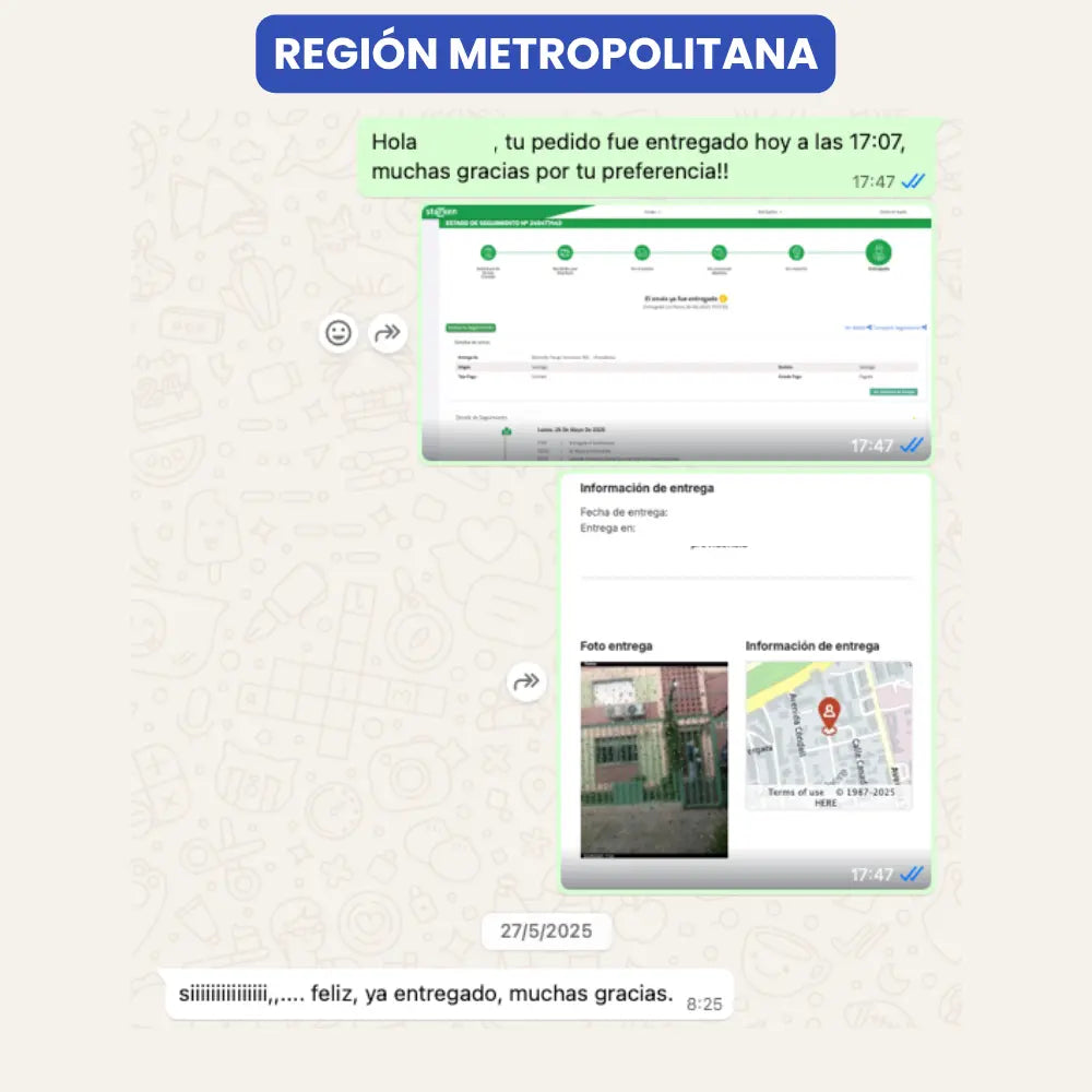 Entrega de paquete por parte de Vivantia en Región Metropolitana. Cliente confirma recepción con mensaje de agradecimiento y captura del seguimiento.