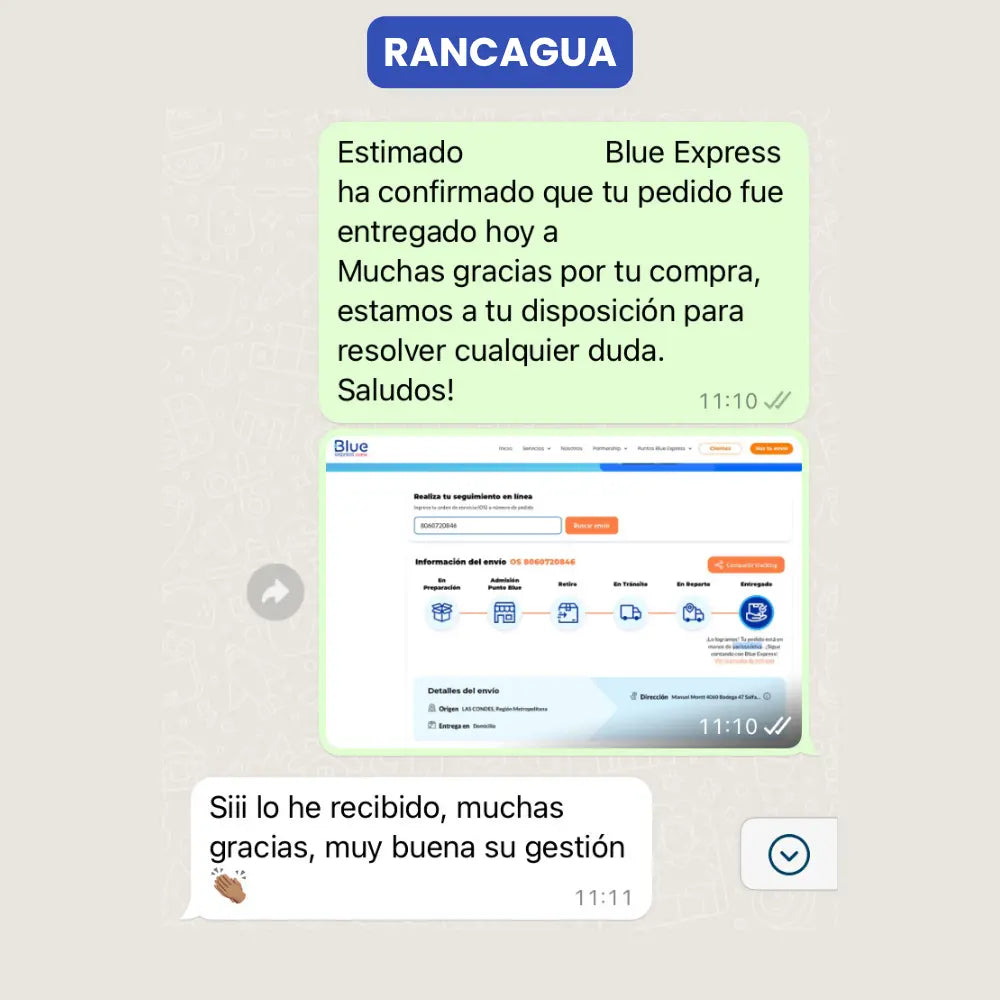 Entrega de paquete por parte de Vivantia en Rancagua. Captura de pantalla muestra confirmación y seguimiento del envío por Blue Express.