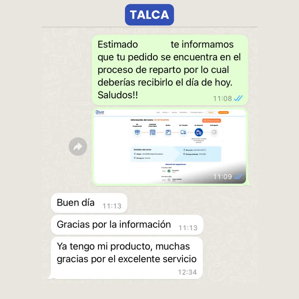 Entrega de paquete por parte de Vivantia en Talca. Cliente confirma recepción del producto y agradece por el excelente servicio brindado.