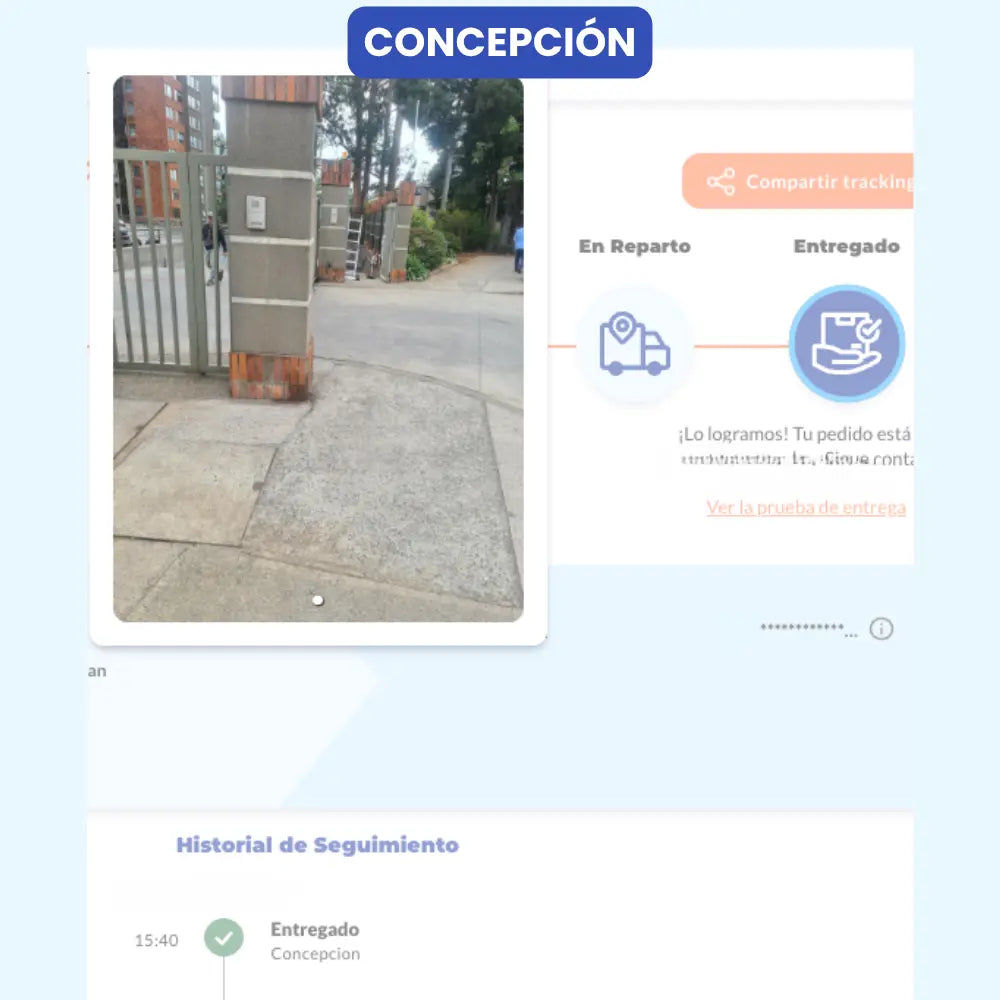 Entrega de Vivantia confirmada en Concepción. Imagen muestra portón de acceso a edificio. Pedido marcado como entregado en historial de seguimiento.