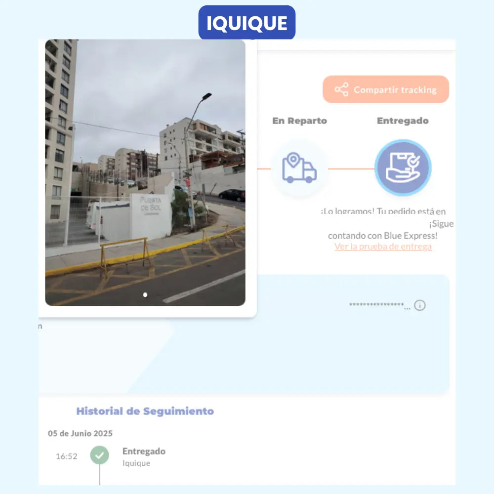 Entrega de paquete por parte de Vivantia en Iquique. Registro muestra edificio Playa del Sol como punto de recepción confirmado por seguimiento.