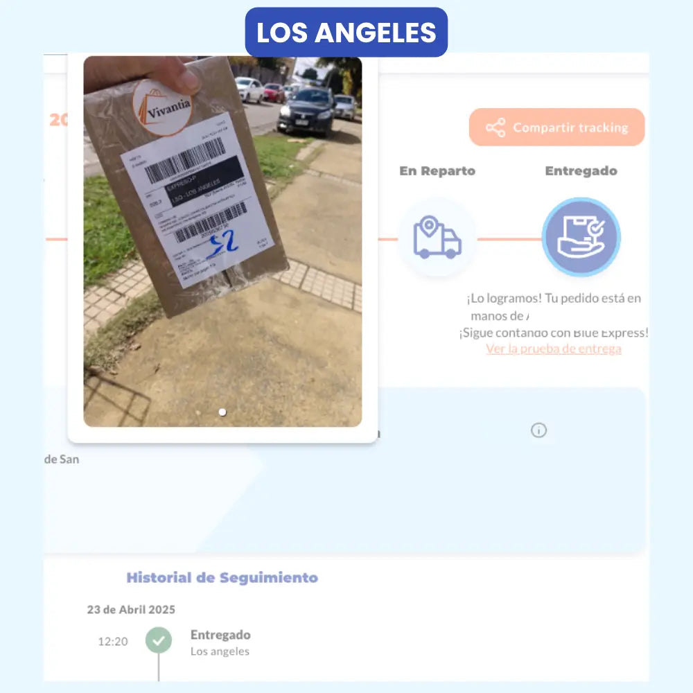 Entrega de paquete por parte de Vivantia en Los Ángeles. Imagen muestra el paquete en mano al aire libre junto a prueba de entrega digital.