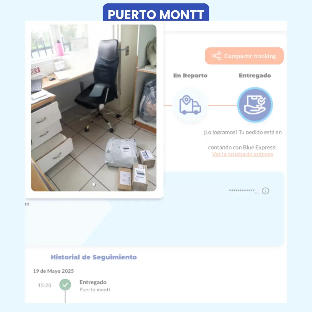 Entrega confirmada por Blue Express en Puerto Montt. Paquetes en oficina junto a escritorio y silla giratoria. Fecha: 19 mayo 2025.