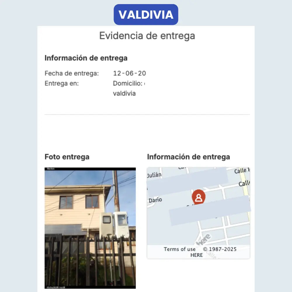 Entrega de paquete por parte de Vivantia en Valdivia. Captura muestra foto del domicilio de destino y ubicación en mapa como evidencia de entrega.