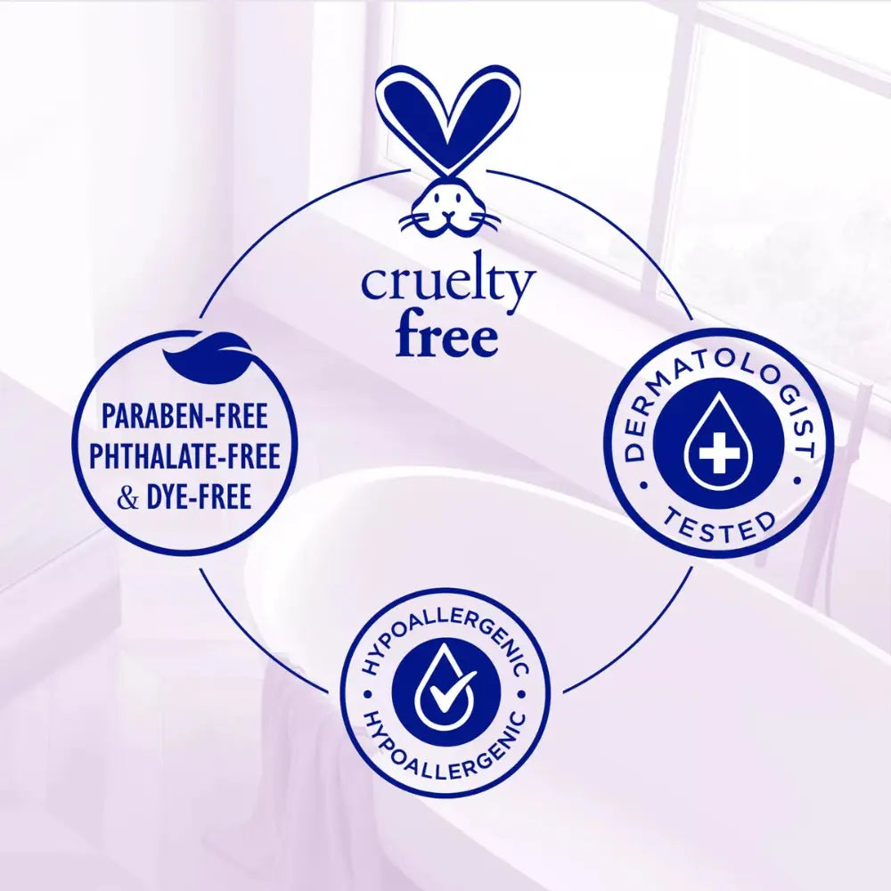 Infografía de certificaciones del producto Dr Teal’s Kids con fondo de bañera. Incluye sellos que indican que es libre de parabenos, ftalatos y colorantes, hipoalergénico, dermatológicamente testeado y cruelty free. Enfocada en destacar la seguridad y suavidad del producto para el cuidado infantil.